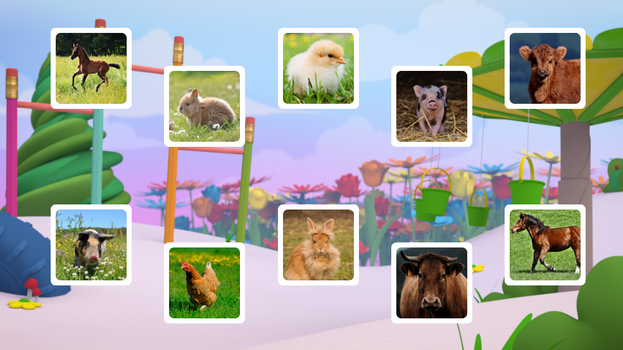 Dieren en babydieren, ingezoomde afbeelding en dobbelstenen met getallen